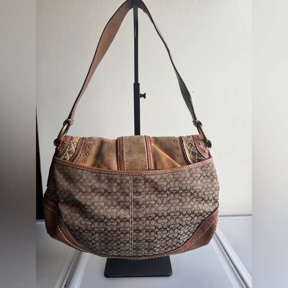 Coach Signature Buckle Flap Shoulder Bag Jacquard Leather Studded Boho Y2K - Picture 2 of 7